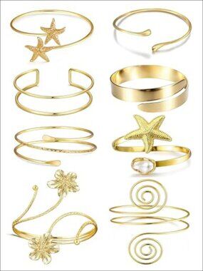 Gold Plated Arm Cuff Bracelet Set Starfish Pearl Flower Open Cuff Jewelry